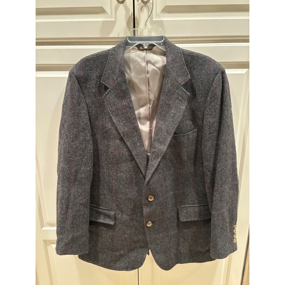Christopher Cannes Paris London Mens Gray Herringbone Windowpane Wool Blazer